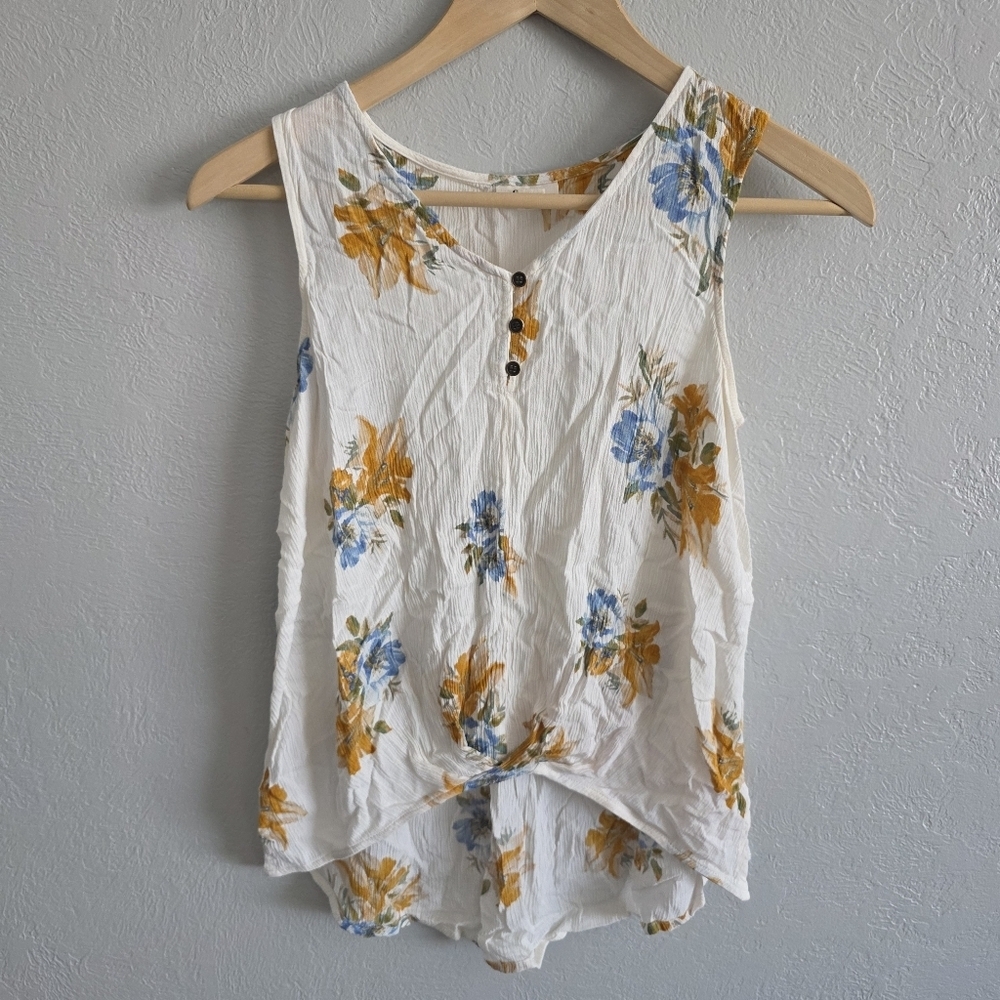 ANA Womens Sleeveless Blouse V-Neck Cream Floral Tank Top Size Small